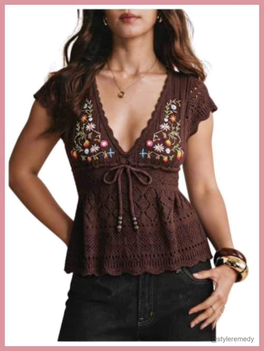 Boho Floral Knit Top V-Neck Embroidery Ruffle Hem